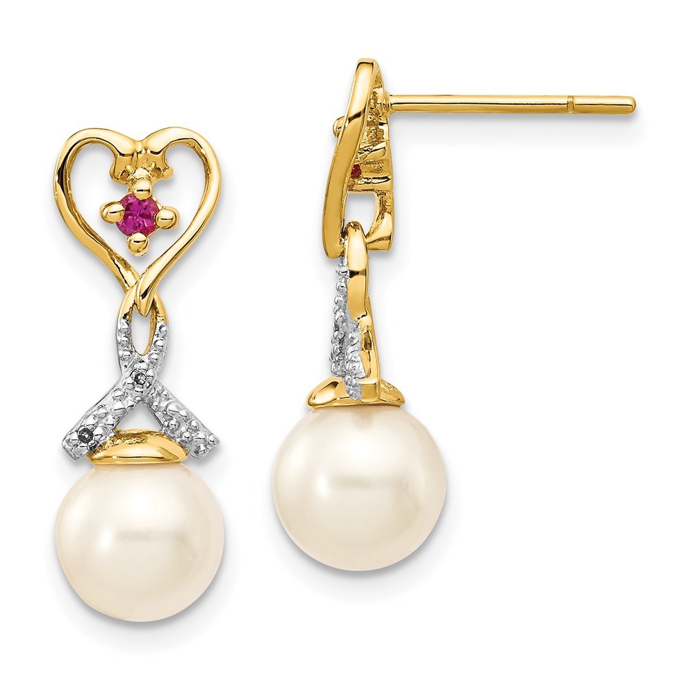 14k Yellow Gold 7-8mm FWC Pearl Created Red Ruby Diamond Heart Dangle Earrings